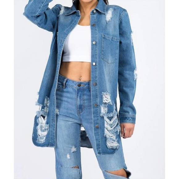AMERICAN BAZI Jackets & Blazers - NEW AMERICAN BAZI candace ultra-distressed long denim shirt jacket in blue